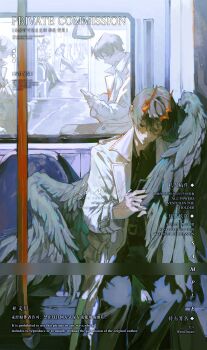 1boy 6+others black_hair black_shirt black_wings coat collared_shirt commentary demon_horns different_reflection english_commentary feathered_wings feet_out_of_frame highres holding holding_phone horns kim_dokja looking_at_phone male_focus multiple_others nicayuko official_alternate_costume omniscient_reader&#039;s_viewpoint open_clothes open_coat people phone popped_collar reflection shirt short_hair sitting train_interior white_coat wings