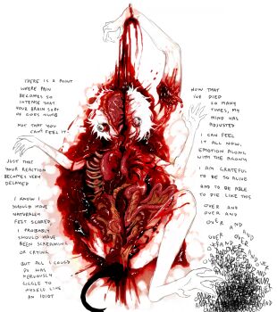 1other amputee bisected blood bone brain commentary corpse death ember_(jejejunum) english_commentary english_text guro highres horror_(theme) intestines jejejunum lungs lying on_back organs original other_focus ribs roadkill severed_leg severed_limb split white_background white_fur white_hair