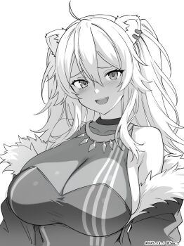 Rule 34 | 1girl, ahoge, animal ear piercing, animal ears, breasts, cleavage, dated, fur-trimmed jacket, fur trim, greyscale, highres, hololive, huge breasts, jacket, lion ears, long hair, monochrome, seo tatsuya, shishiro botan, shishiro botan (1st costume), sideboob, smile, twitter username, virtual youtuber, white background