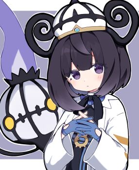 1girl blue_gloves bob_cut chandelure coat gen_5_pokemon gloves gwynn_(pokemon) highres mega_stone pokemon pokemon_legends:_z-a rabiiandrain white_coat