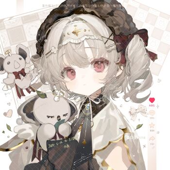 1girl 1other blunt_bangs bow brown_headdress closed_mouth eyelashes fei_yi_yi frills grey_hair hair_intakes hair_ornament hairband headdress heart highres layered_sleeves leaf long_sleeves looking_at_viewer makeup original pink_eyes rouge_(makeup) sidelocks solo_focus square stuffed_toy upper_body white_bow white_hairband white_wings wings