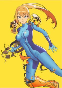 Rule 34 | 1girl, absurdres, blonde hair, blue bodysuit, blue eyes, bodysuit, breasts, bright pupils, closed mouth, disintegration, feet out of frame, hair between eyes, high ponytail, highres, lem, long hair, looking at viewer, medium breasts, metroid, nintendo, ponytail, power suit (metroid), samus aran, simple background, skin tight, smile, solo, varia suit, white pupils, yellow background, zero suit