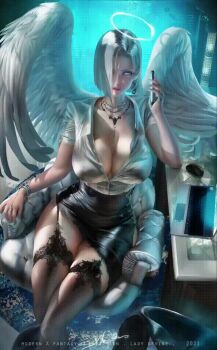 1girl 2021 angel animated animated_gif black_skirt breasts cellphone chair computer computer_mouse curvy fish_tank from_above garter_straps gif_artifacts halo indoors jewelry jiggle laptop large_breasts looping_animation mature_female multiple_wings necklace office_lady phone pink_lips sakimichan satin seraph shark shiny_clothes shirt sitting skirt solo thighhighs thighs white_hair white_wings wings