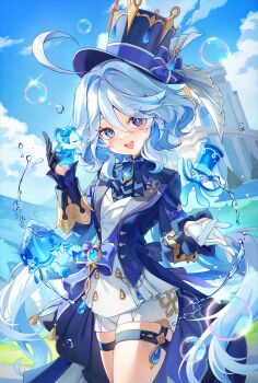 1girl :d absurdres ahoge ascot asymmetrical_gloves black_gloves blue_ascot blue_eyes blue_gem blue_hair blue_hat blue_jacket blue_pupils blue_ribbon blue_sky blush cloud commentary cowboy_shot day drop-shaped_pupils furina_(genshin_impact) gem genshin_impact gentilhomme_usher gloves hand_up hat hat_ribbon heterochromia highres hydro_symbol_(genshin_impact) jacket light_blue_hair long_hair long_sleeves looking_at_viewer mademoiselle_crabaletta mismatched_gloves multicolored_hair open_mouth ouji_fashion outdoors pine_(angel4195202) ribbon shorts sky smile solo streaked_hair surintendante_chevalmarin symbol-shaped_pupils teeth thigh_strap upper_teeth_only very_long_hair vision_(genshin_impact) white_gloves white_hair white_shorts