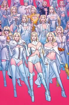 Rule 34 | 1girl, black dress, black gloves, blonde hair, blue eyes, blue lips, bodice, bodysuit, boots, bra, breasts, cape, choker, cleavage, cleavage cutout, clothing cutout, comic cover, commentary, diamond skin, dress, earrings, elbow gloves, emma frost, emma frost (phoenix diamond), emma frost (x-revolution), english commentary, full body, fur-trimmed cape, fur trim, gloves, gold leotard, high heel boots, high heels, highres, jewelry, large breasts, leotard, long hair, looking at viewer, marvel, midriff, multiple persona, navel, off shoulder, official alternate costume, official art, panties, pants, pink background, red lips, russell dauterman, shorts, sideboob, stomach cutout, sunglasses, superhero costume, thigh boots, underwear, white bodice, white bodysuit, white boots, white bra, white cape, white choker, white dress, white gloves, white panties, white pants, white shorts, x-men