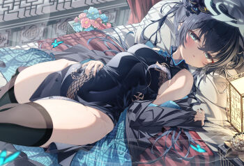 Rule 34 | 1girl, black dress, black hair, black thighhighs, blue archive, blue eyes, blush, breasts, china dress, chinese clothes, commentary request, double bun, dragon print, dress, grey halo, grey jacket, hair between eyes, hair bun, halo, highres, jacket, kisaki (blue archive), long hair, lying, on back, open clothes, open jacket, parted lips, pelvic curtain, sho me 1853, sleeveless, sleeveless dress, solo, striped clothes, striped jacket, thighhighs, twintails, vertical-striped clothes, vertical-striped jacket