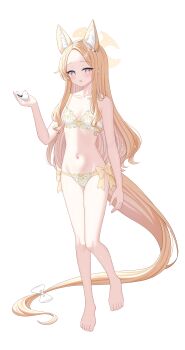 1girl absurdres animal_ear_fluff animal_ears bare_arms bare_legs bare_shoulders barefoot bird bird_on_hand blonde_hair blue_archive blush bow bra breasts cross_halo feet fingernails floral_print floral_print_bra floral_print_panties flower forehead fox_ears fox_girl fox_tail hair_flower hair_ornament halo hand_up highres kurumi_lm loli long_hair looking_at_viewer navel open_mouth panties pink_eyes print_panties seia_(blue_archive) simple_background small_breasts smile solo stomach tail tail_bow tail_ornament thighs tit_(bird) toenails toes underwear underwear_only very_long_hair very_long_tail white_background white_bow white_bra white_flower white_panties yellow_bow yellow_halo