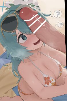 Rule 34 | 1boy, 1girl, ?, @ @, absurdres, bar censor, bikini, blue archive, blue eyes, blue hair, blue halo, blush, breasts, censored, collarbone, eyewear on head, floral print, floral print bikini, flower, hair flower, hair ornament, hair over one eye, halo, hetero, highres, hiyori (blue archive), hiyori (swimsuit) (blue archive), large breasts, large penis, large variant set, long hair, looking at penis, mizumizuni, o-ring, o-ring bikini, o-ring bottom, official alternate costume, one side up, open mouth, penis, penis awe, penis on face, print bikini, solo focus, speech bubble, spoken question mark, sunglasses, swimsuit, tearing up, tears, variant set, yellow-framed eyewear