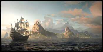 assassin's_creed_(series) assassin's_creed_iv:_black_flag blue_sky cloud cloudy_sky commentary english_commentary highres island landscape mountain no_humans ocean painterly pirate_ship raphael-lacoste sail sailing_ship scenery signature sky sunlight water waves