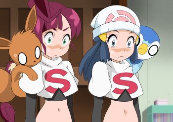 2girls absurdres beanie blurry chloe_(pokemon) closed_mouth commentary_request dawn_(pokemon) eevee elbow_gloves eyelashes frown gen_1_pokemon gen_4_pokemon gloves green_eyes hainchu hair_ornament hairclip hat highres indoors jacket logo long_hair looking_down multiple_girls navel nintendo on_shoulder piplup pokemon pokemon_(anime) pokemon_(creature) pokemon_journeys pokemon_on_shoulder purple_hair shirt sidelocks sweatdrop upper_body white_headwear white_jacket