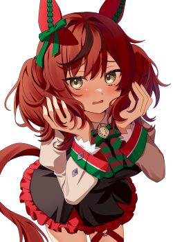 1girl absurdres animal_ears black_dress blush bow bowtie breasts brown_eyes brown_hair commentary_request diagonal-striped_bow dress ear_bow ear_covers ear_ribbon green_bow green_bowtie hands_in_own_hair highres horse_ears horse_girl horse_tail juliet_sleeves kaoru_(h8qm9) long_sleeves looking_at_viewer medium_hair multicolored_hair nice_nature_(poinsettia_ribbon)_(umamusume) nice_nature_(umamusume) open_mouth puffy_sleeves simple_background solo streaked_hair striped_bow striped_bowtie striped_clothes tail thigh_strap twintails umamusume white_background
