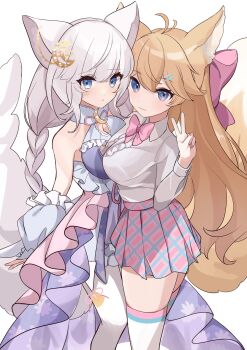 2girls animal_ears bare_shoulders blonde_hair blue_dress blue_eyes bow bowtie braid braided_ponytail collared_shirt commission dress etoria grey_shirt hexagon_print highres long_hair long_sleeves multiple_girls original pink_bow pink_bowtie pink_skirt print_skirt shirt simple_background skeb_commission skirt sleeveless tail thighhighs white_background white_hair white_thighhighs