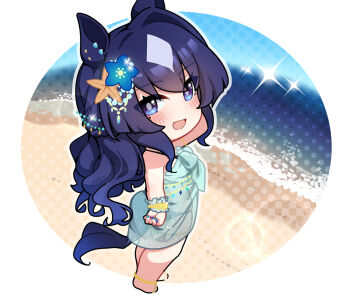 Rule 34 | 1girl, :d, animal ears, barefoot, beach, bikini, black bikini, blue eyes, blue hair, blue nails, breasts, chibi, chibi only, commentary request, fingerless gloves, gloves, horse ears, horse girl, horse tail, large breasts, long hair, looking at viewer, mole, mole under eye, multicolored nails, nail polish, ocean, open mouth, sand, shawl, smile, solo, standing, swimsuit, tail, textless version, umamusume, verxina (umamusume), warashi, wrist cuffs