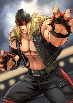 1boy abs alex_(street_fighter) arms_up bare_pectorals bare_shoulders belt belt_buckle black_gloves black_pants blonde_hair blue_eyes brown_belt buckle collarbone commentary_request facial_mark fingerless_gloves frown gloves highres jacket kakato long_hair looking_to_the_side male_focus mixed-language_commentary mma_gloves multilingual_commentary muscular muscular_male navel pants pectorals sideways_glance sleeveless sleeveless_jacket solo street_fighter street_fighter_6 unzipped zipper