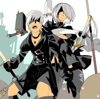 Rule 34 | 1boy, 1girl, 2b (nier:automata), 9s (nier:automata), black boots, black choker, black dress, black gloves, black jacket, black shorts, blindfold, boots, buttons, choker, cleavage cutout, closed mouth, clothing cutout, collarbone, commentary request, dress, feather-trimmed sleeves, feet out of frame, fighting stance, gloves, highres, holding, holding sword, holding weapon, jacket, juliet sleeves, long sleeves, nier:automata, nier (series), open mouth, pod (nier:automata), puffy sleeves, pure to ma, robot, short hair, shorts, standing, sword, thigh boots, turtleneck, turtleneck dress, weapon, white hair