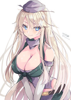 Rule 34 | 1girl, absurdres, blonde hair, blue eyes, blush, breasts, cleavage, commentary request, cowboy shot, elbow gloves, front-tie top, gloves, hair between eyes, headgear, highres, hizaka, iowa (kancolle), kantai collection, large breasts, long hair, looking at viewer, one-hour drawing challenge, signature, skirt, smile, solo, star-shaped pupils, star (symbol), striped clothes, striped skirt, symbol-shaped pupils, twitter username, vertical-striped clothes, vertical-striped skirt, white background