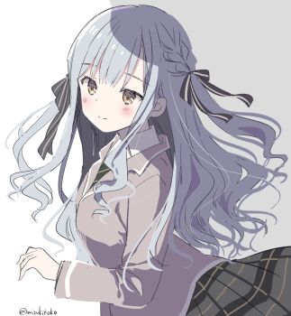 1girl bang_dream! bang_dream!_it&#039;s_mygo!!!!! black_ribbon blazer blue_hair blush closed_mouth collared_shirt commentary_request grey_jacket hair_ribbon haneoka_school_uniform highres jacket long_hair long_sleeves looking_at_viewer mizuki_toko necktie plaid_clothes plaid_skirt pleated_skirt ribbon school_uniform shirt sidelocks skirt smile solo split_mouth togawa_sakiko twitter_username two_side_up white_shirt winter_uniform yellow_eyes