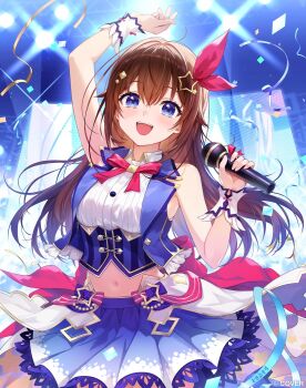 1girl :d amagai_tarou arm_up blue_eyes blue_skirt blue_vest bow bowtie brown_hair collared_shirt commentary_request concert confetti copyright_notice corset cropped_shirt cropped_vest diamond_hair_ornament hair_flaps hair_ornament hair_ribbon hairclip highres holding holding_microphone hololive idol long_hair looking_at_viewer microphone midriff miniskirt navel neck_ribbon official_art open_mouth pleated_skirt red_bow red_bowtie red_ribbon ribbon shirt skirt sleeveless sleeveless_shirt smile solo star_(symbol) star_hair_ornament tokino_sora tokino_sora_(1st_costume) underbust vest virtual_youtuber white_shirt wrist_cuffs