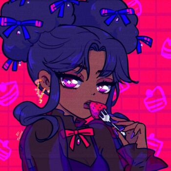 1girl afro_puffs artist_self-insert blue_ribbon breasts cleavage commentary dark-skinned_female dark_skin double_bun ear_chain ear_piercing english_commentary eyeshadow film_grain food fork frilled_sleeves frills fruit grid_background hair_bun hair_ribbon hand_up highres holding holding_fork linked_piercing lips long_sleeves looking_at_viewer makeup nail_polish neck_ribbon original parted_bangs parted_lips piercing pink_eyes pink_eyeshadow portrait purple_hair purple_nails red_background red_ribbon ribbon see-through_clothes see-through_shirt shirt sidelocks simple_background solo sparkling_eyes strawberry thuminnnoo very_dark_skin