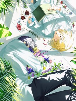Rule 34 | 2boys, ^ ^, alternate costume, barefoot, berry, black pants, blonde hair, blue flower, blunt bangs, book, closed eyes, collared shirt, covered face, dress shirt, fetal position, flos (vocaloid), flower, flower request, highres, holding, holding book, holding flower, hug, hugging object, kenmochi touya, leaf, long sleeves, lying, male focus, multiple boys, nijisanji, on back, on floor, on side, pants, petals, pink flower, plant, purple flower, purple hair, red flower, shirt, short hair, straight hair, sunlight, suzuya aki, tile floor, tiles, trap, virtual youtuber, waa5251, white flower, white shirt, window shadow, wing collar, yellow flower