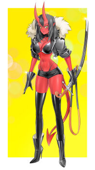 1girl absurdres ankh_necklace ankle_boots black_boots black_bra black_gloves black_hair black_jacket black_shorts black_thighhighs boots bra breasts colored_skin cropped_jacket demon_girl demon_horns demon_tail fantasy full_body fur_trim gloves high_heel_boots high_heels highres holding holding_sword holding_weapon horns jacket large_breasts looking_at_viewer navel original pedro_sotto pointy_ears red_skin saber_(weapon) sheath sheathed shiny_clothes short_shorts shorts solo standing sword tail thighhighs underwear weapon yellow_background yellow_eyes