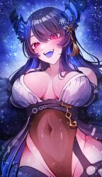 Rule 34 | 1girl, alternate costume, asymmetrical horns, black hair, blue hair, blush, breasts, colored inner hair, covered navel, craymer, demon horns, hair ornament, highres, hololive, hololive english, horns, large breasts, long hair, looking at viewer, mole, mole on thigh, mole under eye, multicolored hair, nerissa ravencroft, red eyes, sharp teeth, smile, teeth, tongue, two-tone hair, uneven horns, very long hair, virtual youtuber