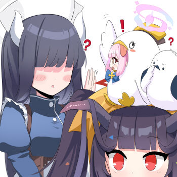 ! 3girls ? bird bird_costume black_hair blue_archive blunt_bangs blush_stickers commentary_request demon_girl demon_horns faceless faceless_female fuuka_(blue_archive) halo hat headscarf horns long_hair long_sleeves medical_emergency_club_member_(blue_archive) mika_(blue_archive) multiple_girls nurse nurse_cap o_(rakkasei) peroro_(blue_archive) pink_hair red_eyes sidelocks simple_background waving white_background yellow_eyes yellow_headscarf yellow_headwear