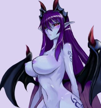 Rule 34 | 1girl, artist request, black sclera, blue skin, blush, breasts, colored sclera, colored skin, demon (monster girl encyclopedia), demon girl, female focus, highres, horns, large breasts, long hair, monster girl encyclopedia, monster girl encyclopedia ii, navel, nipples, nude, perky breasts, pointy ears, purple hair, red eyes, solo, very long hair, wings