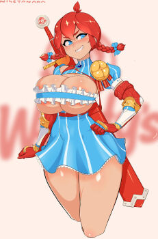 Rule 34 | 1girl, :d, blue bow, blue dress, blue eyes, blurry, blurry background, bow, breasts, cleavage, cleavage cutout, clothing cutout, dress, freckles, frills, gauntlets, grin, hair bow, hand in own hair, highres, huge weapon, large breasts, looking at viewer, nisetanaka, open mouth, orange hair, puffy short sleeves, puffy sleeves, sheath, sheathed, short sleeves, smile, solo, striped clothes, striped dress, sword, teeth, thighs, twintails, weapon, weapon on back, wendy's, wendy (wendy's), wide hips