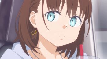 1girl ai-chan_(tawawa) animated animated_gif blue_eyes braid brown_hair bubble_tea car_interior cup disposable_cup drinking earrings getsuyoubi_no_tawawa jacket jewelry looking_at_another short_hair side_braid solo