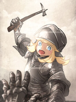 1girl armor bevor blonde_hair blue_eyes breastplate commentary couter english_commentary full_armor gauntlets gothic_plate_armor hammer helmet highres holding holding_weapon ironlily open_mouth original pauldrons perlweiss_(ironlily) plate_armor sallet shoulder_armor visor_(armor) visor_lift war_hammer weapon