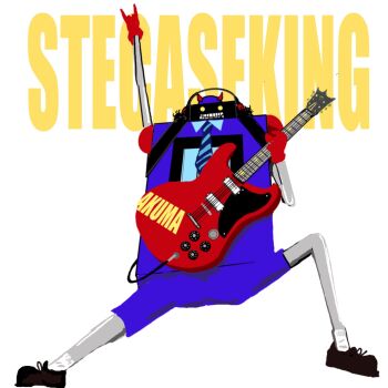 1boy acdc angus_young angus_young_(cosplay) arm_up artist_request character_name cosplay full_body highres holding holding_instrument humanoid_robot instrument kinnikuman looking_at_viewer parody robot school_uniform shoes shorts socks solo stecase_king teeth what white_background