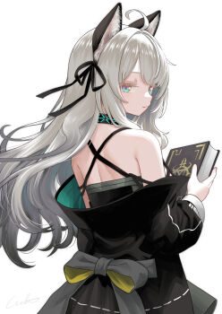 1girl absurdres ahoge animal_ears arknights bare_shoulders black_dress black_jacket black_ribbon blue_eyes book cat_ears cat_girl closed_mouth commentary_request criss-cross_back-straps dress grey_hair hair_ribbon highres holding holding_book infection_monitor_(arknights) jacket long_hair long_sleeves looking_at_viewer looking_back mint_(arknights) off_shoulder ribbon simple_background solo welt_(kinsei_koutenkyoku) white_background
