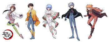 1girl 2boys 3girls :d agatsuma_zenitsu animal_print arms_up ayanami_rei black_cape black_jacket blue_bodysuit blue_eyes blue_hair bodysuit breasts brown_eyes brown_hair butterfly_print cape character_name coat collared_shirt commentary copyright_name crossover eyelashes full_body hand_on_own_hip haori headgear highres ikari_shinji interface_headset_(evangelion) jacket japanese_clothes jumping kanroji_mitsuri kimetsu_no_yaiba kochou_shinobu lab_coat long_hair looking_at_another looking_at_viewer makinami_mari_illustrious male_focus mecha_pilot_suit medium_breasts multiple_boys multiple_girls nagisa_kaworu neon_genesis_evangelion open_mouth orange_hair orange_haori outstretched_arms plugsuit_(evangelion) rebuild_of_evangelion red_bodysuit sashimi_(sasihmi) shirt short_hair sidelocks simple_background skin_tight smile solo souryuu_asuka_langley spread_arms standing teeth thighhighs translated white_background white_bodysuit white_shirt