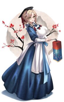 1girl ade_(nikke) alternate_costume apron blonde_hair blue_hanbok blue_sash braid breasts commentary_request full_body glasses goddess_of_victory:_nikke green_eyes hair_ribbon hanbok highres holding holding_lantern korean_clothes korean_commentary lantern large_breasts long_hair long_sleeves looking_at_viewer paper_lantern parted_bangs parted_lips red_ribbon revision ribbon sash shadow sidelocks smile solo standing trhisell white_apron