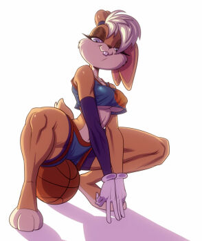 1girl ball basketball basketball_(object) basketball_uniform blonde_hair breasts detached_sleeves full_moon furry gloves groove1121 lola_bunny looking_at_viewer looney_tunes moon original space_jam sportswear squatting toned toned_female white_background