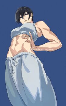Rule 34 | 1girl, abs, bare arms, bare shoulders, black hair, blue background, bra, breasts, cowboy shot, darao (daradara suyaaa), facial scar, from below, grey bra, grey eyes, grey pants, hair between eyes, hand on own hip, highres, looking at viewer, medium breasts, midriff, mikasa ackerman, muscular, muscular female, pants, scar, scar on cheek, scar on face, shingeki no kyojin, short hair, solo, sweatpants, twitter username, underwear
