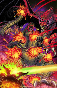 alien armor arrow_(projectile) arrow_in_body bagorah bat_(animal) bleeding blood blood_in_mouth claws dark_horse_comics demon dinosaur energy energy_beam explosion fire gekido-jin giant giant_monster glowing glowing_eyes godzilla godzilla,_king_of_the_monsters_(dark_horse_comics) godzilla_(series) godzilla_color_special green_eyes helmet highres injury kaijin kaiju matt_frank monster mutant no_humans no_pupils official_art oni pteranodon pterosaur red_eyes samurai sea_monster space_monster spikes tail textless_version toho veins veiny_wings wings