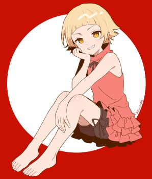 1girl absurdres artist_name bare_shoulders barefoot black_bow black_shorts blonde_hair blunt_bangs border bow circle commentary curled_fingers dated dress dress_bow eyelashes feet flat_chest flipped_hair frilled_dress frills from_side grin hand_on_own_cheek hand_on_own_face hand_on_own_leg head_rest high_collar highres initial kiss-shot_acerola-orion_heart-under-blade kiss-shot_acerola-orion_heart-under-blade_(young) kizumonogatari knees_up light_blush looking_at_viewer looking_to_the_side manimani_(mani_ma) monogatari_(series) on_ground oshino_shinobu outside_border parted_lips pink_dress pointy_ears red_border ringed_eyes short_hair shorts shorts_under_dress signature simple_background sitting sleeveless sleeveless_dress slit_pupils smile solo toes very_short_hair white_background yellow_eyes