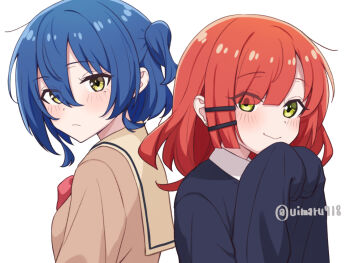 2girls alternate_costume alternate_hairstyle blue_hair blush bocchi_the_rock! cosplay costume_switch hair_ornament jacket kita_ikuyo long_hair looking_at_viewer medium_hair mole mole_under_eye multiple_girls one_side_up oversized_clothes red_hair school_uniform short_hair side_ponytail smile uimaru918 yamada_ryo yellow_eyes