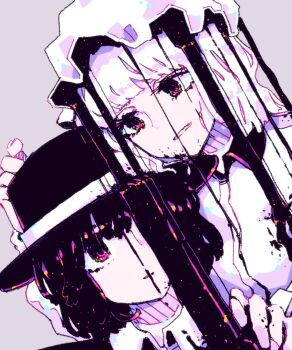 Rule 34 | 2girls, black eyes, black hair, black hat, collared shirt, commentary request, grey background, grin, hand on another's headwear, hand on another's shoulder, hat, highres, liquid, maribel hearn, mob cap, multiple girls, one eye covered, portrait, shirt, short hair, smile, touhou, upper body, usami renko, wasabisuke, white hair, white hat