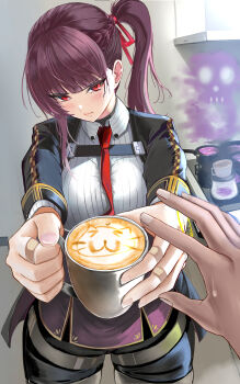 1girl absurdres bandaid bandaid_on_finger bandaid_on_hand black_jacket black_shorts blunt_bangs blush braid chest_strap closed_mouth coffee_mug coffee_pot collared_shirt cup girls'_frontline half_up_braid highres jacket mug necktie open_clothes open_jacket pantyhose ponytail pov red_eyes red_necktie shirt short_shorts shorts sidelocks solo standing thigh_gap tsundere wa2000_(girls'_frontline) waizumi_(vestineislancer) white_shirt
