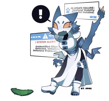 ! 1girl boots colored_sclera cucumber deltarune disembodied_hand dress full_body furry highres ny_000a robot scared sign simple_background tail tasque_manager utdr_(toby_fox) warning_sign