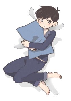 Rule 34 | 1boy, alternate costume, antenna hair, bare shoulders, black eyes, black pajamas, black pants, blush, bright pupils, closed mouth, collarbone, collared pajamas, commentary request, double-parted bangs, full body, grey eyes, hair between eyes, heterochromia, highres, holding, holding pillow, long sleeves, looking at viewer, male focus, omori, pajamas, pants, pillow, shirotsume 143, short hair, solo, spoilers, sunny (omori), white pupils