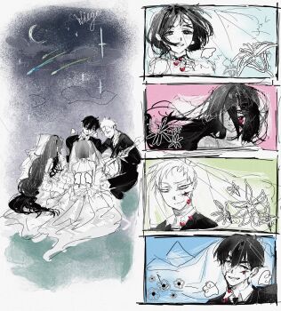 Rule 34 | 2boys, 2girls, absurdres, alien stage, bridal veil, clematis (flower), commentary, cracked skin, crescent moon, dress, edelweiss (flower), english commentary, flower, german text, hair over face, hawk till, heart, highres, ivan (alien stage), long hair, meteor shower, mini wings, mizi (alien stage), moon, multiple boys, multiple girls, short hair, song name, sua (alien stage), till (alien stage), veil, very long hair, very short hair, wedding dress, wings