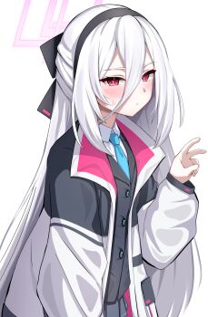 1girl absurdres bent_v black_hairband black_jacket black_skirt blazer blue_archive blue_necktie blush closed_mouth collared_shirt commentary hair_between_eyes hairband halo highres jacket kei_(blue_archive) kei_(new_body)_(blue_archive) kuromiz long_hair long_sleeves looking_at_viewer miniskirt necktie pink_halo pleated_skirt puffy_long_sleeves puffy_sleeves rectangular_halo red_eyes ringed_eyes shirt simple_background skirt solo v white_background white_hair white_jacket white_shirt
