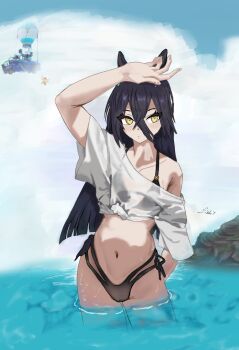 2girls absurdres agnes_tachyon_(umamusume) aircraft artist_name battle_bus_(fortnite) bikini black_bikini black_hair cameltoe closed_mouth collarbone crossed_bangs deliciousfish7 dot_mouth fortnite hair_between_eyes hand_on_own_head highres hot_air_balloon long_bangs long_hair long_hair_between_eyes manhattan_cafe_(umamusume) multiple_girls navel ocean off_shoulder rock shirt short_sleeves signature single_bare_shoulder single_off_shoulder solo_focus swimsuit tied_shirt umamusume very_long_hair wading wet wet_clothes wet_shirt white_shirt