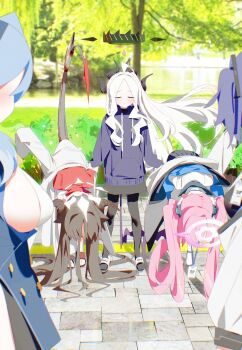 5girls ahoge ako_(blue_archive) alternate_costume apologizing black_hair black_halo black_horns black_pantyhose black_skirt black_tail blue_archive bm_tol bowing breasts brick_floor buttons closed_eyes closed_mouth coat demon_girl demon_horns demon_tail dot_nose double-breasted drawstring facing_viewer forehead hair_intakes halo highres hina_(blue_archive) hood hoodie horns id_card jacket kasumi_(blue_archive) koyuki_(blue_archive) lab_coat long_hair long_sleeves looking_at_another medium_breasts millennium_science_school_logo multiple_girls multiple_horns pantyhose parted_bangs pink_hair pink_halo plant red_shirt sandals shirt sideboob sideboob_cutout skirt sleeves_past_fingers sleeves_past_wrists standing tail tree twintails white_coat white_hair white_halo yuuka_(blue_archive)