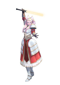 1girl absurdres alien armor armored_boots black_gloves blue_eyes boots colored_skin energy_sword full_body gloves highres holding holding_sword holding_weapon lekku_(anatomy) lightsaber looking_at_viewer orange_lightsaber orange_skin original purple_lips red_skirt simple_background skirt solo spaz14 star_wars sword togruta weapon