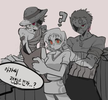 1girl 2boys ? bandaged_arm bandaged_torso bandages bandaid bandaid_on_arm bandaid_on_cheek bandaid_on_face bandaid_on_forehead closed_mouth collarbone commentary_request cowboy_shot crossed_arms earrings facial_scar haramaki hat highres holding holding_map jewelry korean_commentary map miniskirt monkey_d._luffy multiple_boys nami_(one_piece) one_piece orange_eyes red_eyes roronoa_zoro scar scar_on_cheek scar_on_face serious shirt short_hair short_sleeves skirt spookeygoost spot_color straw_hat straw_hat_pirates v-neck